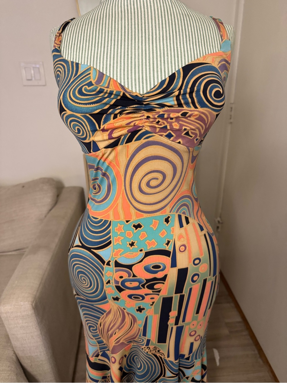 Janine Vintage Psychedelic Backless Maxi Dress Size S